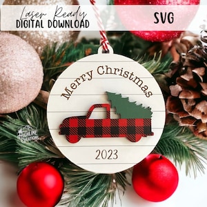 Vintage Christmas Tree Ornament SVG Laser Cut File | Laser Ready Digital Download | Christmas Truck Ornament | Classic Red Truck