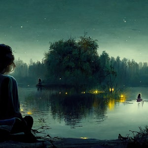 May include: An artistic illustration of a tranquil night scene. A person sits by a calm lake, gazing at the water and the distant shore. The dark green forest and the starry sky create a peaceful atmosphere. Small lights dot the water.