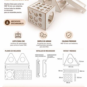 Op de afbeelding: Een Montessori houten speelgoedset, met een kubus met vormuitsparingen, een driehoekig klimrek en een glijbaan. De set is gemaakt van lichtgekleurd hout en bevat gedetailleerde diagrammen met afmetingen in cm.