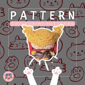 Könnte beinhalten: Ein Häkelmuster für einen burgerförmigen Gegenstand in Gelb, Rot und Braun. Das Wort "PATTERN" wird in Weiß angezeigt, darunter "CHICKURIMI PATTERNS". Der Hintergrund zeigt ein graues Muster von Katzen-Gesichtern.