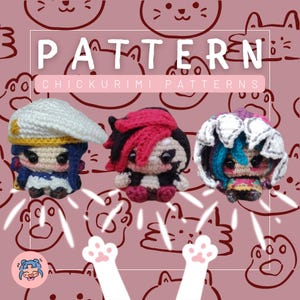 May include: Three small crocheted dolls featuring distinct hair colors and headwear, displayed against a pink background with cat line art. The text PATTERN and CHICKURIMI PATTERNS is visible at the top. The dolls have dark eyes and detailed yarn textures.