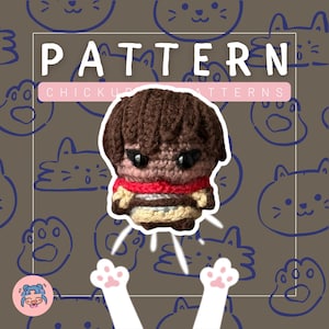 May include: A handmade crochet doll with brown hair, a red scarf, and a tan and gray outfit. The word "PATTERN" is displayed at the top of the image, with "CHICKUP PATTERNS" below it. The background features a repeating cat face design.