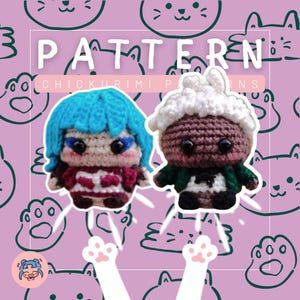 May include: Two small crocheted dolls featuring yarn hair and detailed outfits. The left doll has bright blue hair and a red and white outfit. The right doll has white hair and a dark green and brown outfit. The text PATTERN CHICKURIMI PATTERNS is visible.