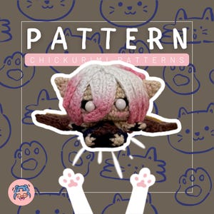 May include: A crocheted doll with a cat-like appearance, featuring a white and pink wig, large white eyes, and brown ears and wings. The word "PATTERN" is displayed above the doll, with "CHICKURIMI PATTERNS" below. The background has a cat-themed pattern.