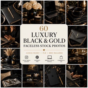60 Digital Products | Luxury Black & Gold Stock Photos for Content Creators | Canva PLR MRR