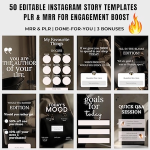 50 Dark Instagram Story Templates with PLR & MRR | Aesthetic Editable Canva Templates for Engagement