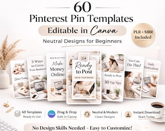 Pinterest Pin Templates Canva | 60 Neutral Editable Pins for Beginners | Instant Download