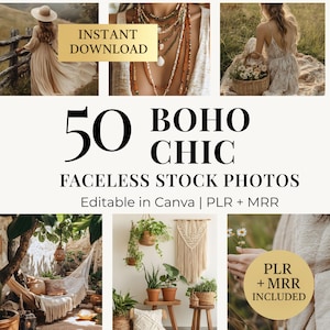 50 Boho Chic Faceless Stock Photos | Neutral Instagram & Pinterest Images | Canva Editable | PLR + MRR