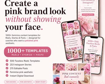 Plantillas rosas sin rostro para Instagram / Más de 1000 publicaciones para Reels Stories / Paquete de Canva para principiantes PLR MRR