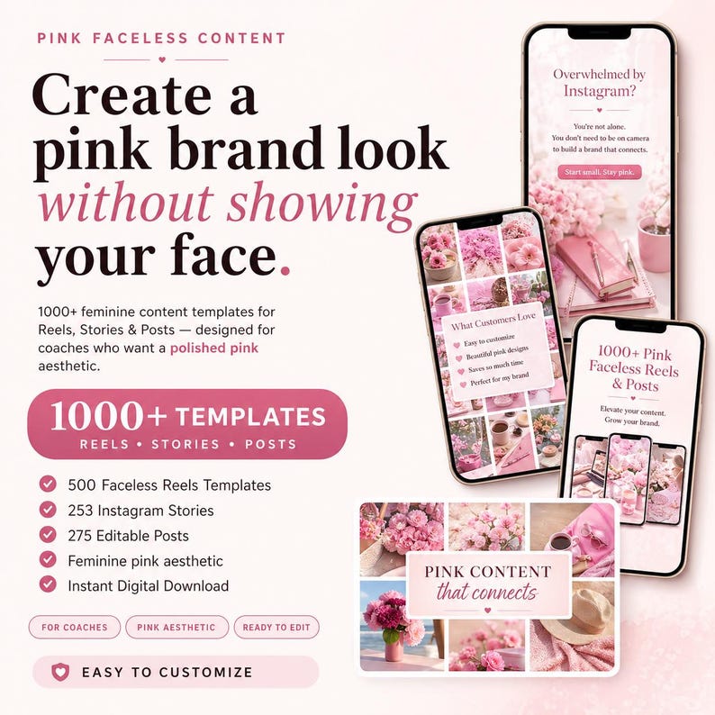 Pink faceless content templates for coaches featuring 1000+ editable reels, stories and posts with a feminine pink aesthetic for creating branded social media content without showing your face.
