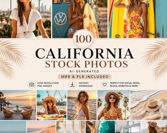 100 California Beach Stock Photos, Coastal, MRR PLR (AI-Generated)