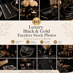 60 Digital Products | Luxury Black & Gold Stock Photos for Content Creators | Canva PLR MRR