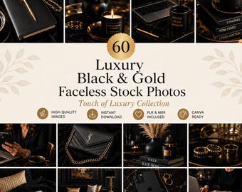 60 Digital Products | Luxury Black & Gold Stock Photos for Content Creators | Canva PLR MRR