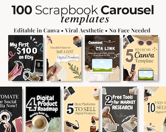 100 Scrapbook Instagram Carousel Templates, Editable Canva PLR MRR Kit