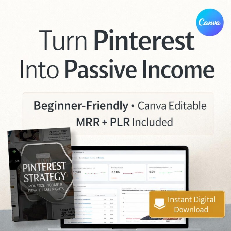 Pinterest marketing ebook with Canva template and MRR PLR rights, digital product for passive income and reselling