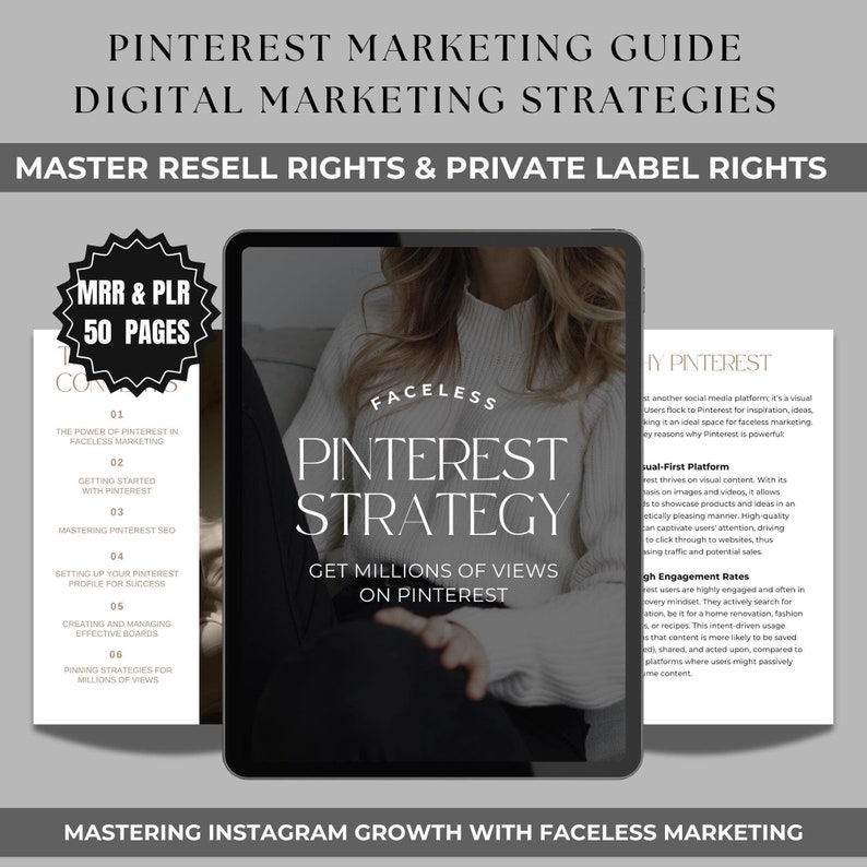 Pinterest Marketing Guide with MRR & PLR rights, Canva editable templates, and digital marketing strategies for reselling and growing your business.