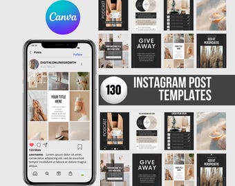 Puede incluir: Una exhibición de producto digital con 130 plantillas de publicaciones de Instagram. La imagen incluye una maqueta de teléfono inteligente que muestra un feed de redes sociales, junto con varios diseños de plantillas en tonos negros, blancos y beige. El texto incluye "Plantillas de publicaciones de Instagram".