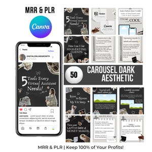 Puede incluir: Una publicación de carrusel de Instagram en blanco y negro oscuro con el texto "CAROUSEL DARK AESTHETIC" y "MRR & PLR | Keep 100% of Your Profits!" La publicación presenta una serie de imágenes con consejos para asistentes virtuales, que incluyen "¡5 herramientas que todo asistente virtual necesita!" y "¿Cómo puedo conseguir clientes de ALTA REMUNERACIÓN?".