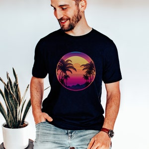 Vaporwave Sunset with Palm Trees Unisex Jersey Short Sleeve Tee