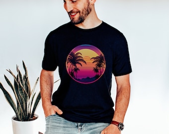 Vaporwave Sunset with Palm Trees Unisex Jersey Short Sleeve Tee