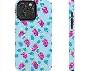 May include: A blue phone case with a pattern of purple grapes and white dots. The case is designed for a phone with a camera bump.