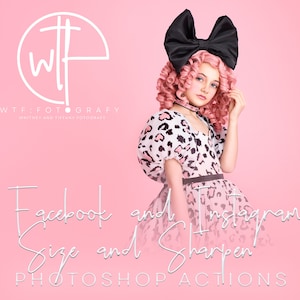 Puede incluir: Un fondo rosa con una persona joven que lleva un lazo negro y un vestido de estampado de leopardo rosa y negro. El texto "Facebook and Instagram Size and Sharpen PHOTOSHOP ACTIONS" está escrito en blanco en la parte inferior de la imagen.