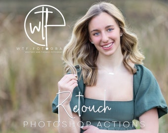 Può includere: Una giovane donna con lunghi capelli biondi sorride alla telecamera. Indossa un vestito verde con maniche a sbuffo. Il testo "Retouch Photoshop Actions" è scritto in bianco sotto di lei. Il logo "WTF:FOTOGRAFY WHITNEY AND TIFFANY PHOTOGRAPHY" è nell'angolo in alto a sinistra.