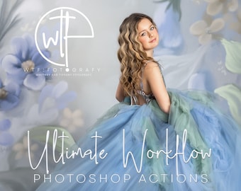 May include: A young woman in a blue and green tulle dress poses in front of a floral backdrop. The text "Ultimate Workflow Photoshop Actions" is written in white script below her. The logo "WTF:FOTOGRAFY WHITNEY AND TIFFANY PHOTOGRAPHY" is in the top left corner.