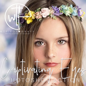 May include: A young girl with blonde hair wearing a flower crown with pink, yellow, and purple flowers. The text "Captivating Eyes PHOTOSHOP ACTION" is at the bottom of the image.