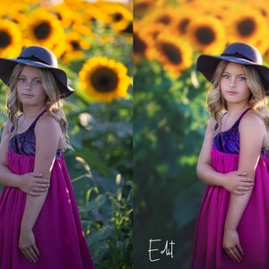 May include: A young girl wearing a wide-brimmed hat and a pink and purple dress stands in a field of sunflowers. The sunflowers are out of focus in the background.