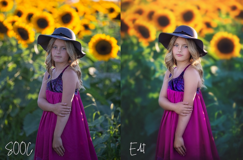 May include: A young girl wearing a wide-brimmed hat and a pink and purple dress stands in a field of sunflowers. The sunflowers are out of focus in the background.