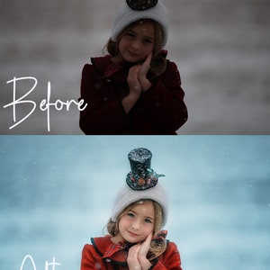 May include: A young girl wearing a red coat with a white fur trim and a black top hat with a white feather. She is standing in a snowy setting with a light blue sky in the background. The image is labelled "Before" and "After" to show the difference in the image editing.