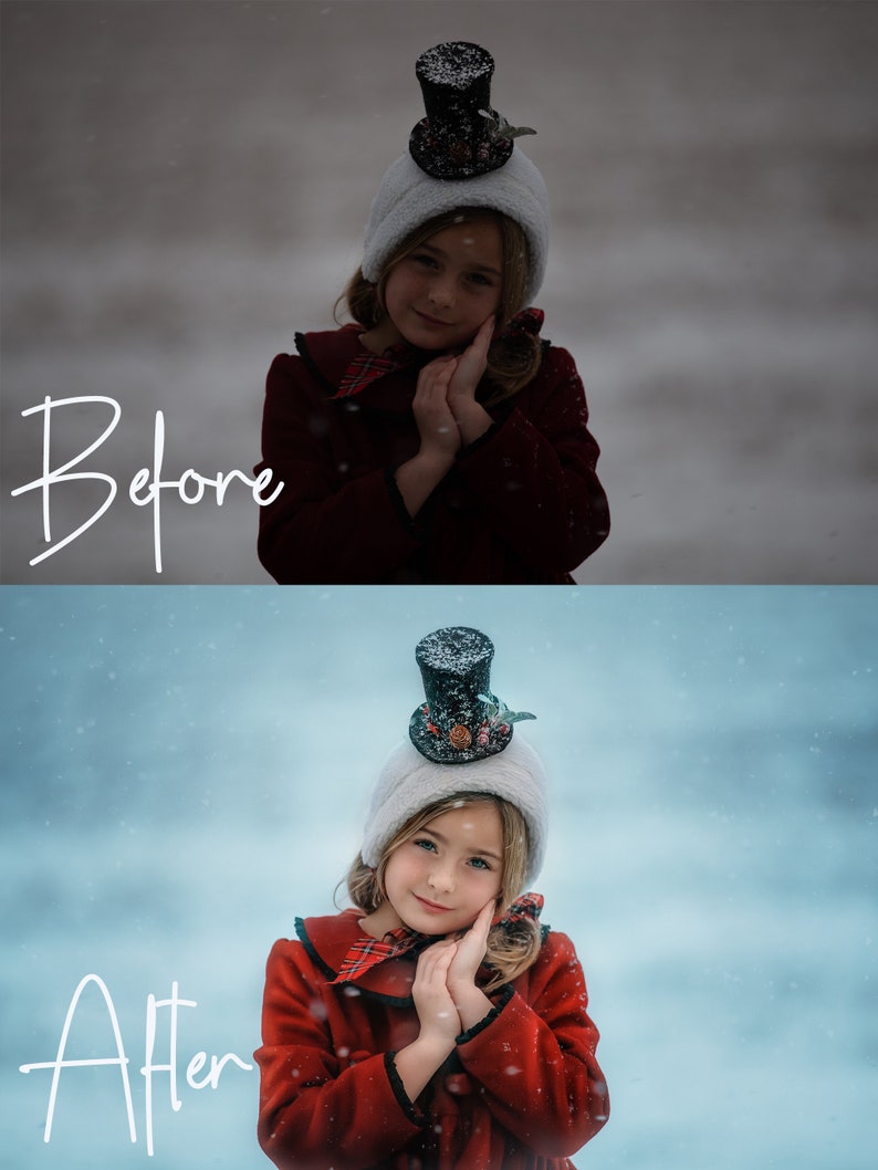 May include: A young girl wearing a red coat with a white fur trim and a black top hat with a white feather. She is standing in a snowy setting with a light blue sky in the background. The image is labelled "Before" and "After" to show the difference in the image editing.
