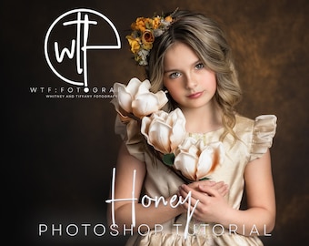 May include: A young girl with long blonde hair wears a cream-colored dress with ruffled sleeves and holds a bouquet of white magnolia flowers. The background is a brown textured wall. The text "Honey" is written in white script below the girl and the text "PHOTOSHOP TUTORIAL" is written in white below the script.