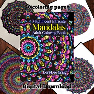 May include: A digital download of an adult coloring book featuring 40 intricate mandala designs. The cover features a colorful mandala with a black background and the title "Magnificent Intricate Mandalas Adult Coloring Book Vol. 2".