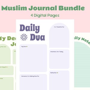 May include: A Muslim Journal Bundle featuring 4 digital pages with pastel green, purple, and white color schemes. The pages include text headers such as Daily Dua, My Deen Journey, and Daily Notes, with arched sections for gratitude, intentions, and reflections.