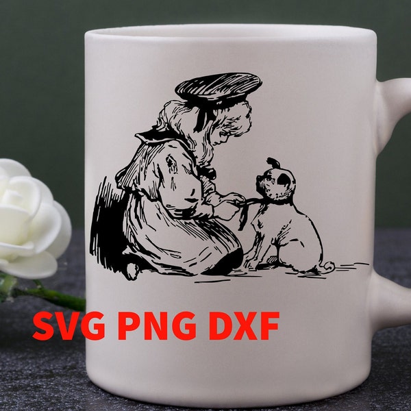 Petite fille Salor avec chien vintage graphique volumineux vecteur DXF fichiers PNG Nature extérieur animaux de compagnie gentillesse chiot mignon enfant enfants