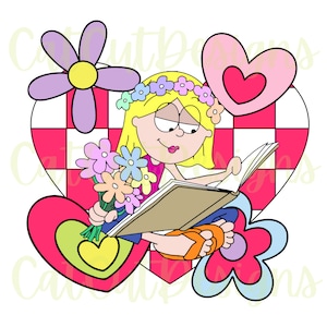May include: A cartoon illustration of a girl with blonde hair and a pink dress sitting in a heart-shaped frame. She is holding a book and a bouquet of flowers. The frame is decorated with checkered squares and hearts.