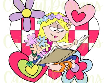 Cute Lizzie Reads Cartoon Hearts Bookish PNG Digital Download