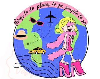 Retro Traveling Lizzie Cartoon Stamp PNG Digital Download File