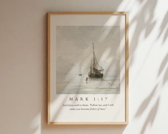 Fishers of Men Poster, Christian Wall Art, Bible Verse Wall Art, Vintage Sailboat PRINTABLE Wall Art, Neutral Coastal Aesthetic
