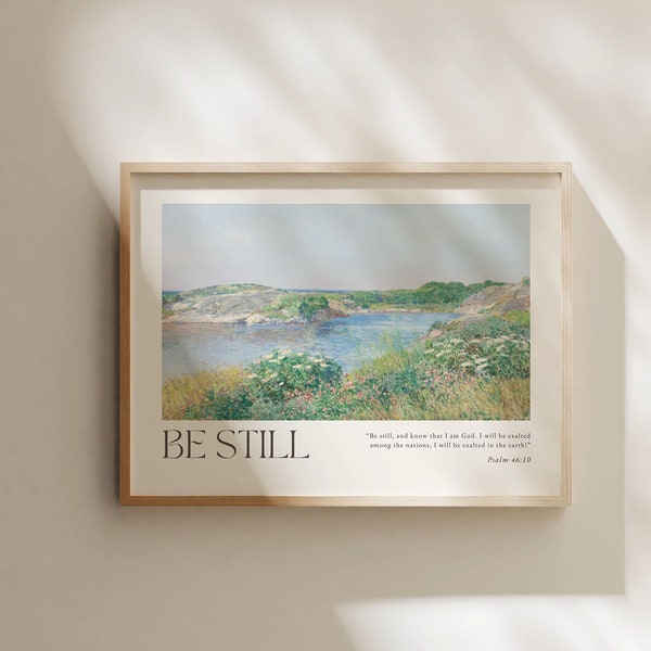 Psalm 46:10 Landscape Wall Art, Vintage Impressionism Bible Print, Calming Bible Verse Poster, Encouraging Christian Wall Art