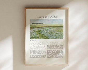 Psalm 116 I Love the LORD, Scripture Wall Art Digital Download, Christian Home Decor, Vintage Oil Painting Flower Field, Christian Wall Art