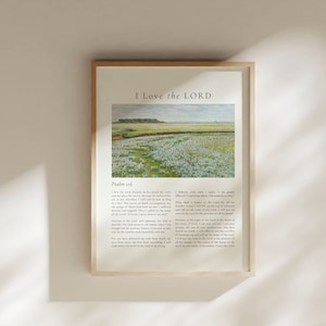 Psalm 116 I Love the LORD, Scripture Wall Art Digital Download, Christian Home Decor, Vintage Oil Painting Flower Field, Christian Wall Art