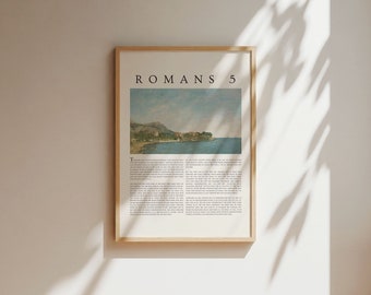 Romans 5 Bible Verse Coastal Print: Christian Scripture Art (Digital Download)