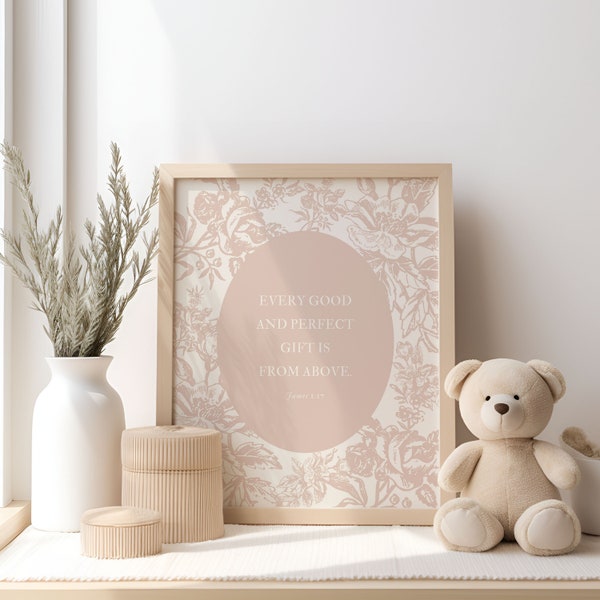 Cottagecore Christian Nursery Decor, Bijbelvers Kwekerij Poster, James 1:17, Elk goed en perfect cadeau, Vintage Kwekerij Decor Baby Girl