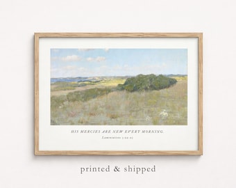 Vintage Landscape Bible Verse Print: His Mercies Are New Every Morning Christian Wall Art