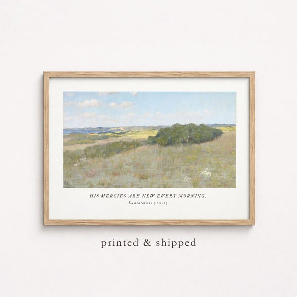 Vintage Landscape Bible Verse Print: His Mercies Are New Every Morning Christian Wall Art