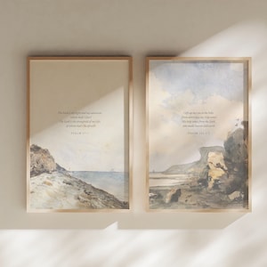 Set of 2 Psalms Bible Verse Wall Art, Vintage Watercolor Scripture Print, Psalm 27:1 Digital Download Bible Art, Ocean Watercolor Print