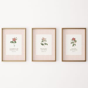 Ensemble de gravures pour chambre d'enfant chrétienne : floral vichy rose, affirmations bibliques (téléchargement numérique)